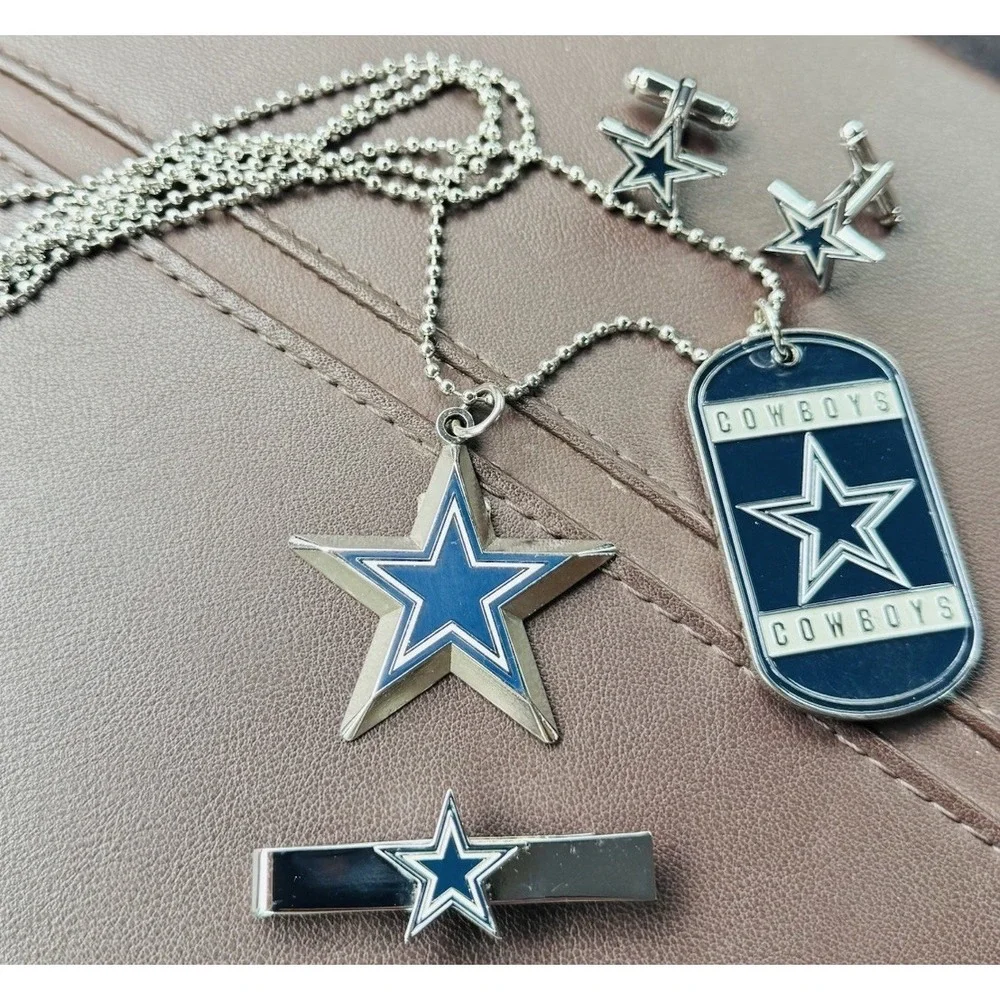 Dallas Cowboys Dog Tag Necklace + Star Charm + Tie Bar + Cufflinks Licensed MINT